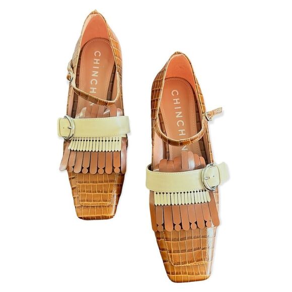 CHIN CHIN Designer Crocodile Print Square Toe Leather Fringe Heeled Loafers - Picture 14 of 15
